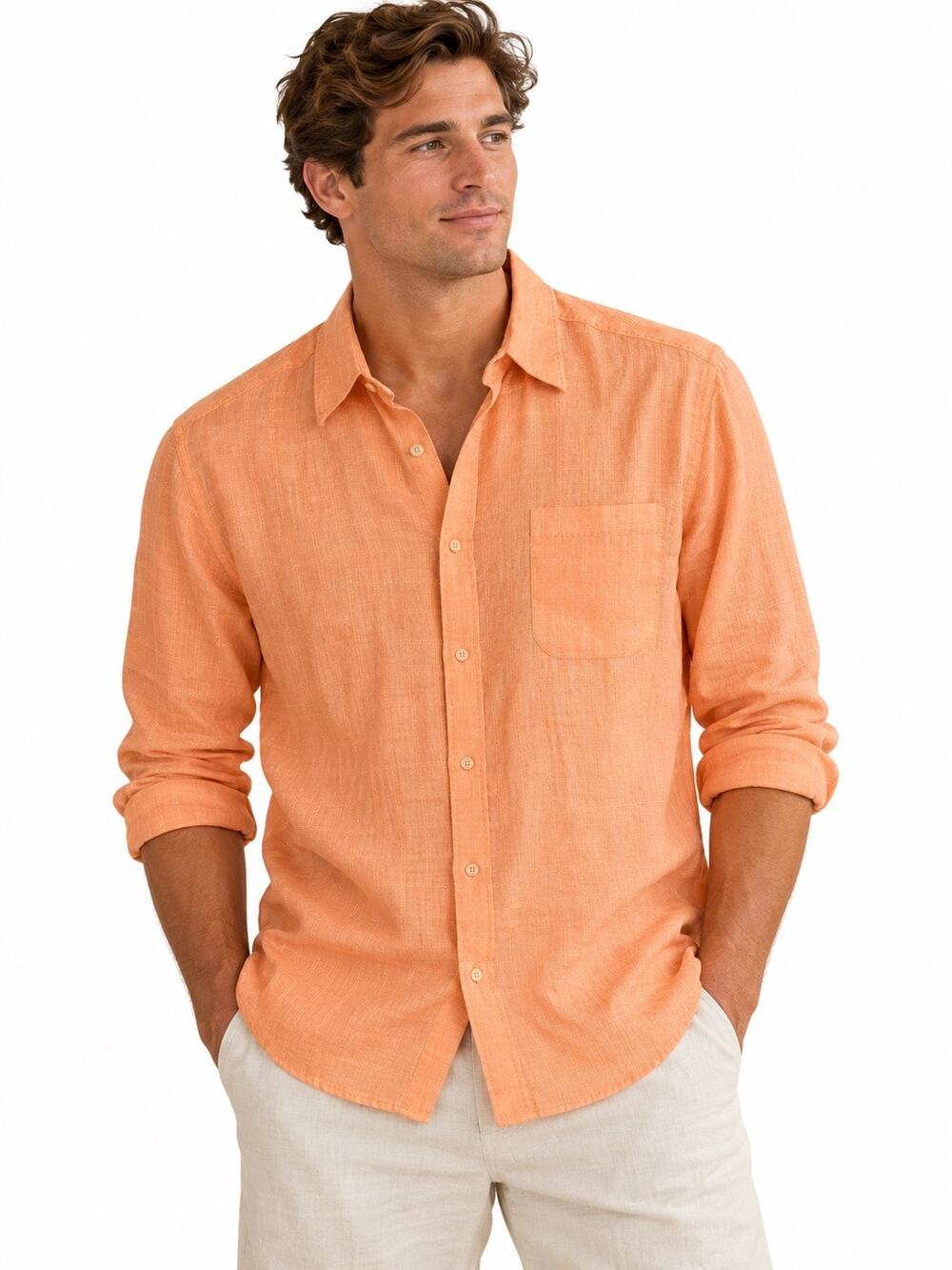 Preppy Summer Linen Blend Tommy Bahama Men’s Orange Textured Square Button Down
